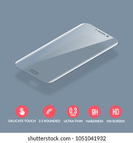 Glass screen protector. Vector screen protector for smartphone. Mobile cover accessory for display.