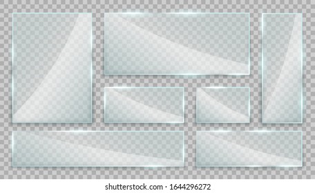 Glass screen set. Gloss plates isolated on transparent background, acrylic texture with glares, light and shadow. Realistic transparent glass window frames, vector illustration