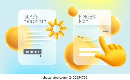 Glass screens with computer hand shape cursor in glassmorphism style. 3D finger point and click loading realistic icon. Transparent plastic chart frames template. Vector cartoon render of touch screen