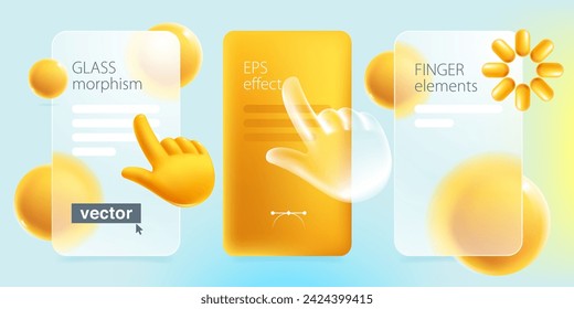 Glass screens with computer hand shape cursor in glassmorphism style. 3D finger point and click loading realistic icon. Transparent plastic chart frames template. Vector cartoon render of touch screen