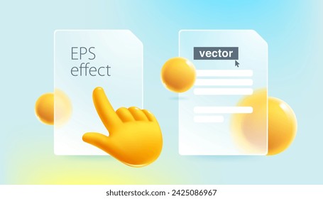 Glass screens with computer hand shape cursor in glassmorphism style. 3D finger point and click loading realistic icon. Transparent plastic chart frames template. Vector cartoon render of touch screen