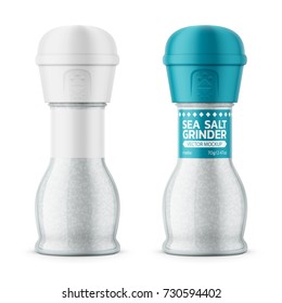 Glass sea salt adjustable grinder with label. 70 g. Matte finish. Realistic packaging mockup template with sample design. Front view. Vector illustration.