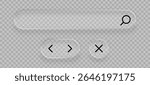 Glass search bar and navigation buttons. Liquid glass vector elements for modern user interface or website design.