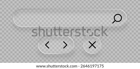Glass search bar and navigation buttons. Liquid glass vector elements for modern user interface or website design.