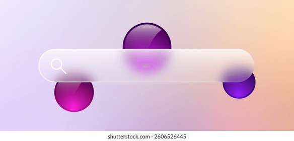 Glass search bar transparent web button. Website ui page frame design. Vector sign element design. Find form empty blur shape. Glossy interface concept. 3d colorful gradient geometric shapes.