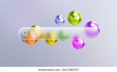 Glass search bar transparent web button. Website ui page frame design. Vector sign element design. Find form empty blur shape. Glossy interface concept. 3d colorful gradient geometric shapes.