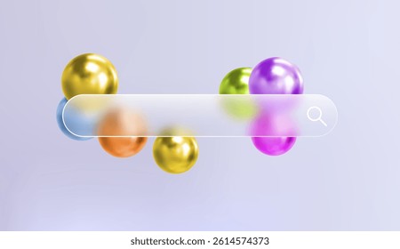 Glass search bar transparent web button. Website ui page frame design. Vector sign element design. Find form empty blur shape. Glossy interface concept. 3d colorful gradient geometric shapes.