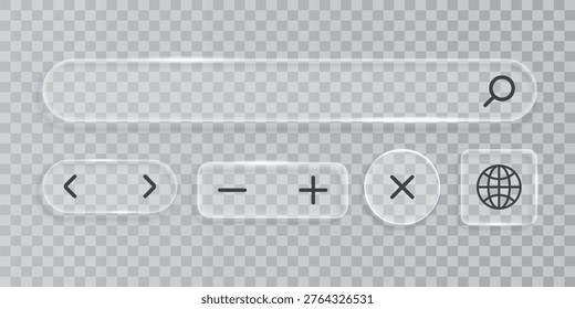 Conjunto de botões de barra de pesquisa de vidro e UI – Ícones de navegação de vidro líquido com marca de seleção e cruz para design de interface moderno