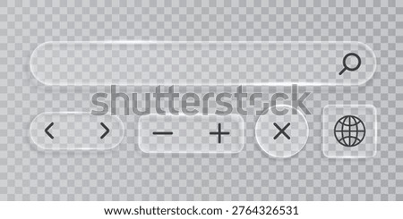 Glass Search Bar and UI Buttons Set – Liquid Glass Navigation Icons with Check Mark and Cross for Modern Interface Design