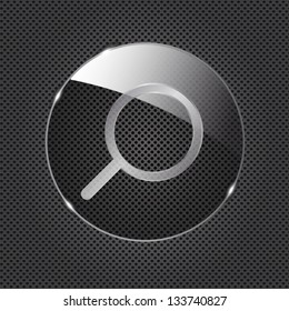 Glass Search button icon on metal background. Vector illustration