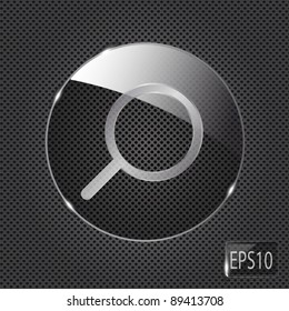 Glass Search button icon on metal background. Vector illustration