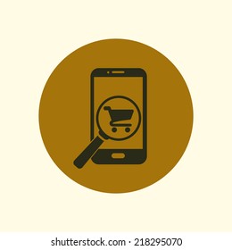 Glass searching for shoping on smart phone. Online shoping icon.