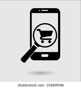 Glass searching for shoping on smart phone. Online shoping icon.