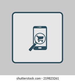 Glass searching for shoping on smart phone. Online shoping icon.