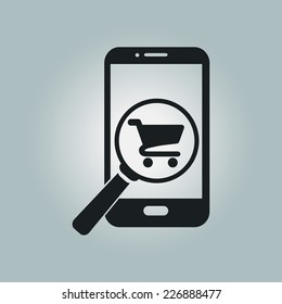 Glass searching for shoping on smart phone. Online shoping icon.