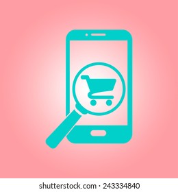 Glass searching for shoping on smart phone. Online shoping icon.