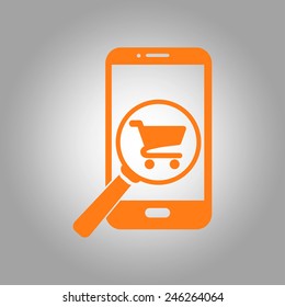 Glass searching for shoping on smart phone. Online shoping icon.