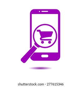 Glass searching for shoping on smart phone. Online shoping icon.