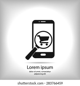 Glass searching for shoping on smart phone. Online shoping icon.
