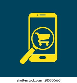 Glass searching for shoping on smart phone. Online shoping icon.