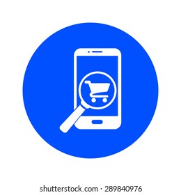 Glass searching for shoping on smart phone. Online shoping icon.