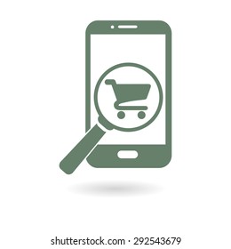 Glass searching for shoping on smart phone. Online shoping icon.
