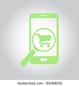 Glass searching for shoping on smart phone. Online shoping icon.