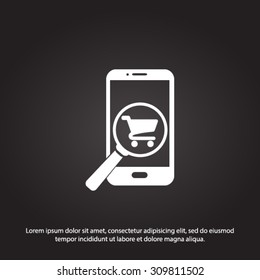 Glass searching for shoping on smart phone. Online shoping icon.