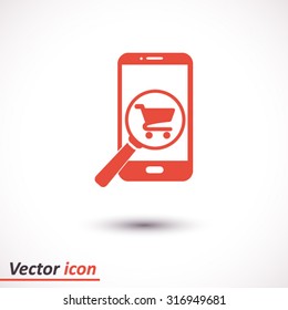 Glass searching for shoping on smart phone. Online shoping icon.