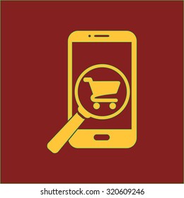Glass searching for shoping on smart phone. Online shoping icon.