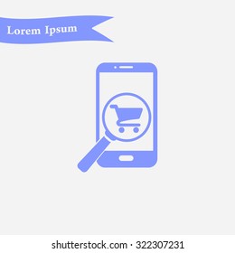 Glass searching for shoping on smart phone. Online shoping icon.