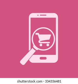 Glass searching for shoping on smart phone. Online shoping icon.