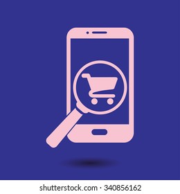 Glass searching for shoping on smart phone. Online shoping icon.