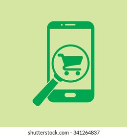 Glass searching for shoping on smart phone. Online shoping icon.