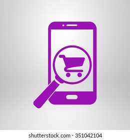 Glass searching for shoping on smart phone. Online shoping icon.