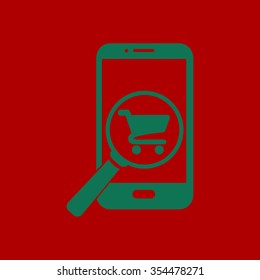 Glass searching for shoping on smart phone. Online shoping icon.
