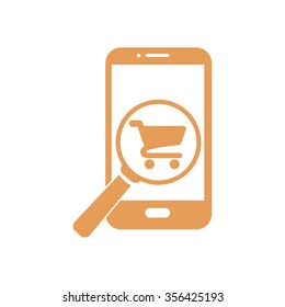 Glass searching for shoping on smart phone. Online shoping icon.