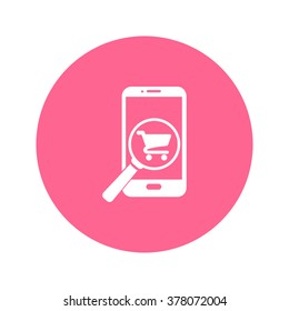 Glass searching for shoping on smart phone. Online shoping icon.