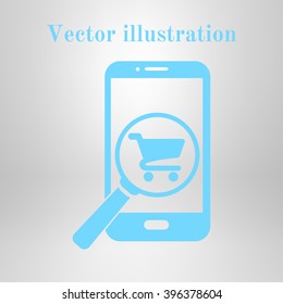 Glass searching for shoping on smart phone. Online shoping icon.