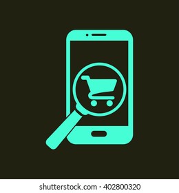 Glass searching for shoping on smart phone. Online shoping icon.