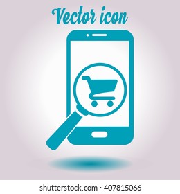 Glass searching for shoping on smart phone. Online shoping icon.