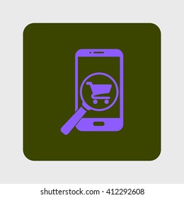 Glass searching for shoping on smart phone. Online shoping icon.