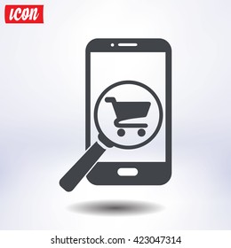 Glass searching for shoping on smart phone. Online shoping icon.