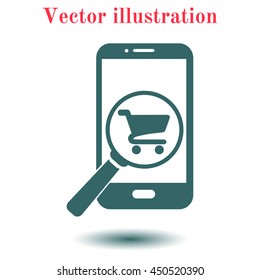 Glass searching for shoping on smart phone. Online shoping icon.
