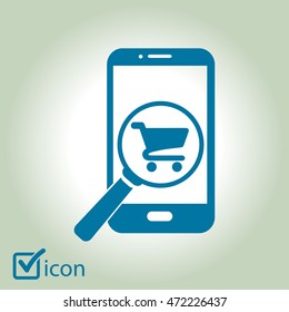 Glass searching for shoping on smart phone. Online shoping icon.