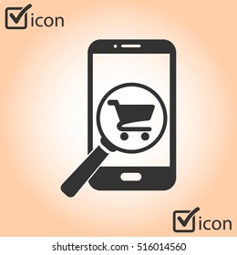 Glass searching for shoping on smart phone. Online shoping icon.