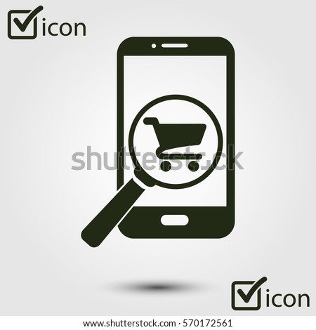 Glass searching for shoping on smart phone. Online shoping icon.