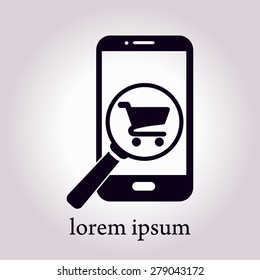 Glass searching for shopping on smart phone. Online shopping icon.