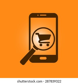 Glass searching for shopping on smart phone. Online shopping icon.