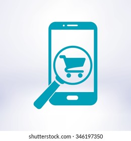 Glass searching for shopping on smart phone. Online shopping icon.